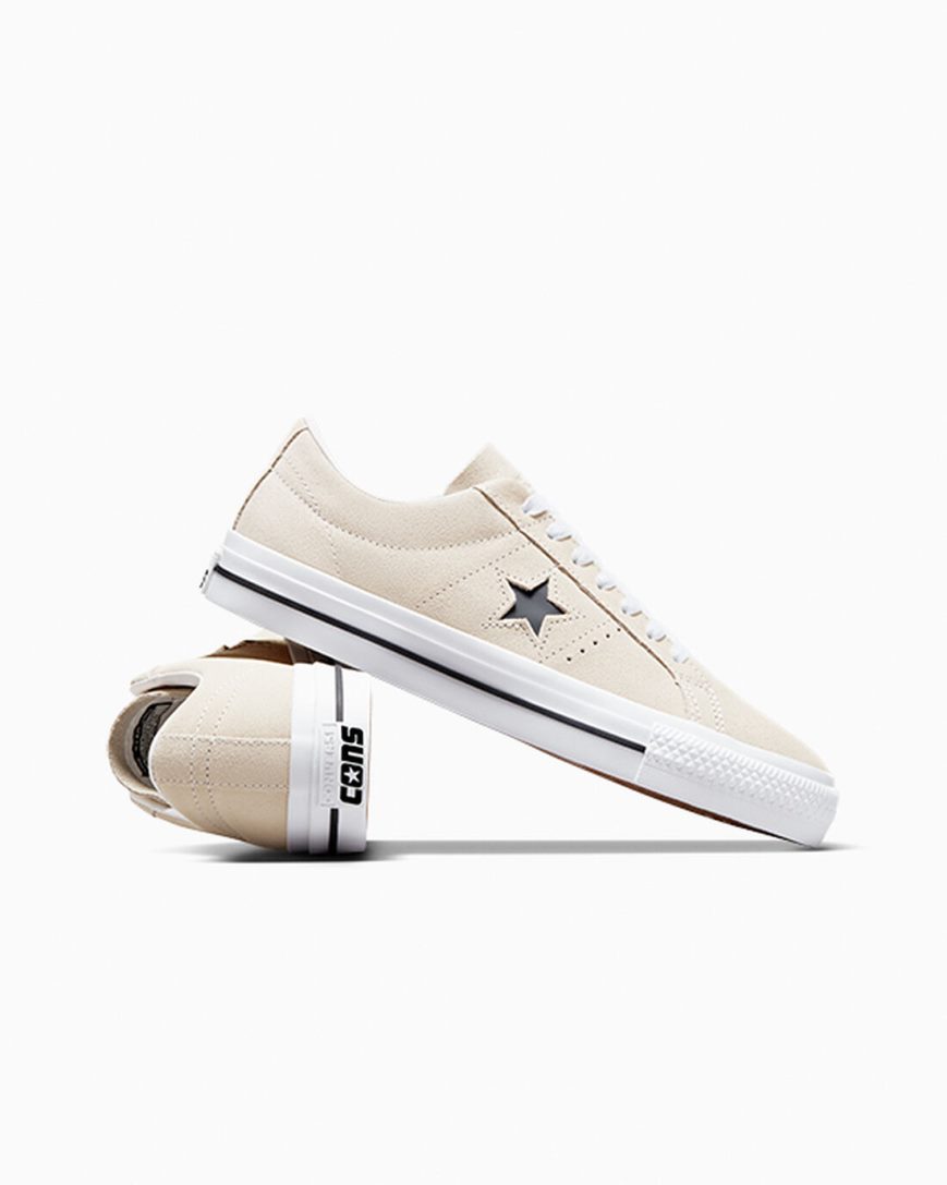 Bascheți Barbati Converse CONS One Star Pro Piele Intoarsa Bej Albi Negrii | RO KZJRU820